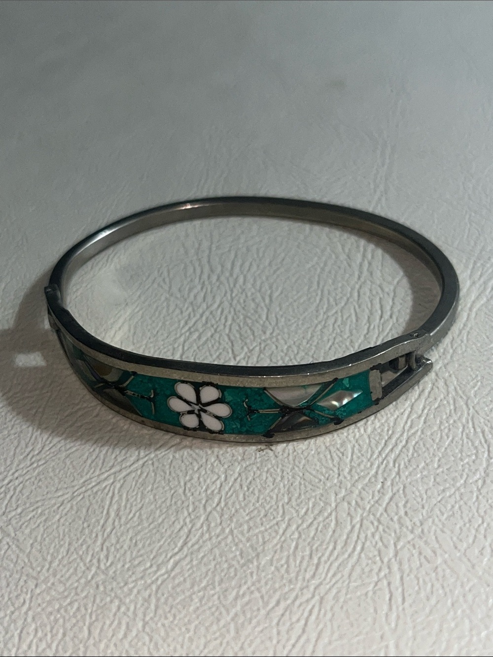 Sterling Silver Turquoise Inlay Flower Bangle Bracelet